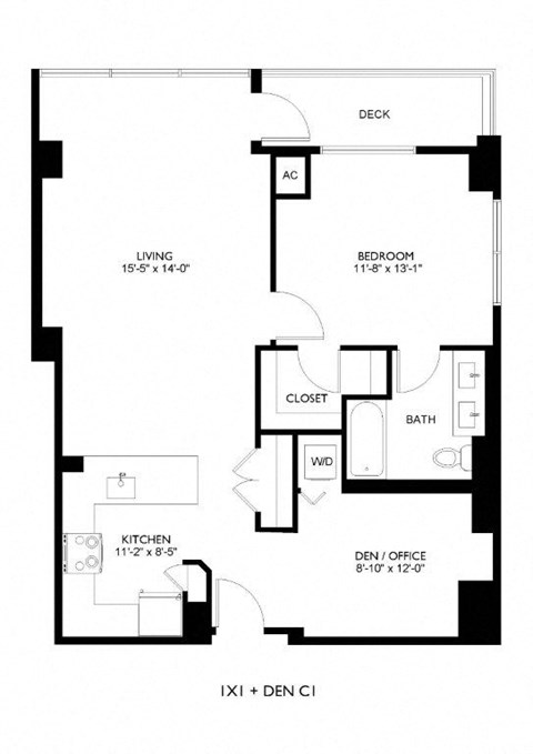 A black and white image of a floor plan for a small apartment.